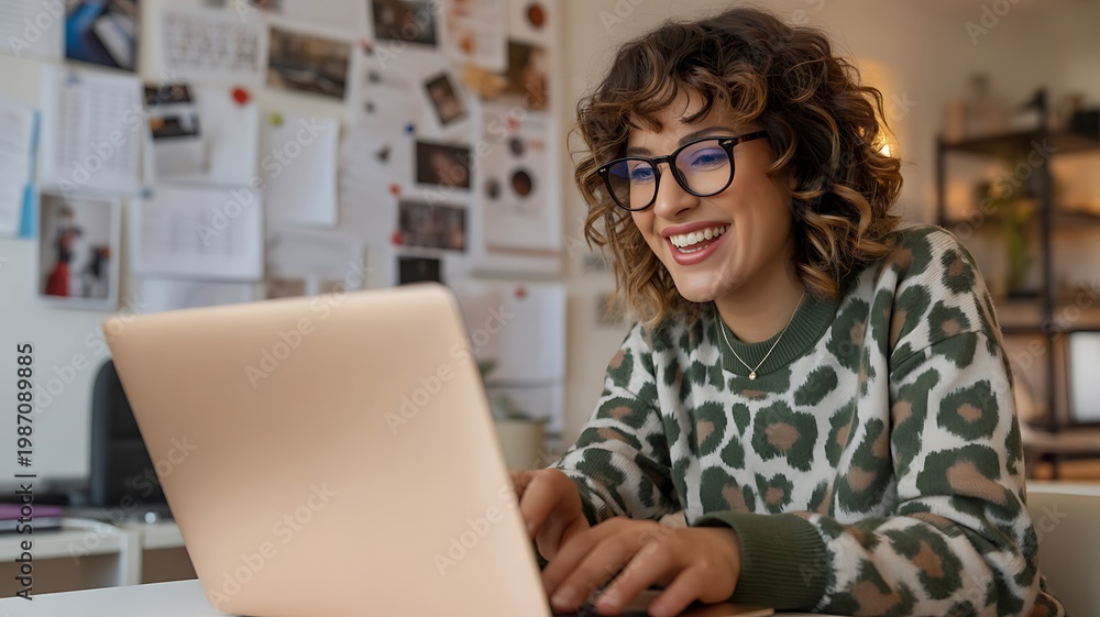 Fototapeta premium Professional woman smiling while using a laptop in a modern office setting