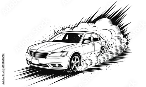 Black and white illustration of a car speeding with smoke and motion lines
