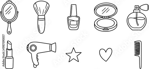 cosmetic beauty makeup line icon set with mirror brush lipstick nail polish perfume compact powder hair dryer comb symbols on transparent background