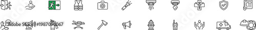safety emergency line icons set with exit alarm extinguisher flashlight hydrant ambulance helmet lifebuoy stretcher axe megaphone sos telephone and protection symbols on transparent background