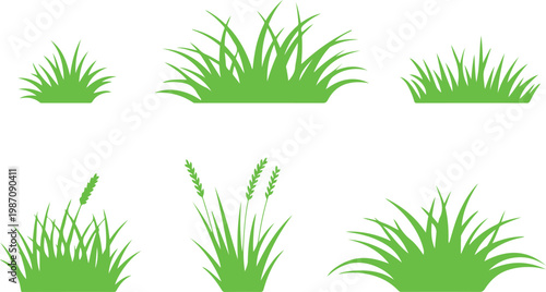 Vivid green grass and wheat silhouettes for agricultural designs and natural environmental graphic project templates