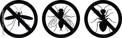 Black and white warning signs featuring forbidden icons of common household insects and annoying pests