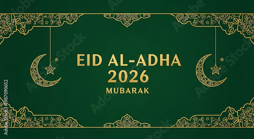 Elegant Eid al-Adha 2026 Mubarak Banner with Islamic Mosque, Lanterns, and Crescent Moon Night Design