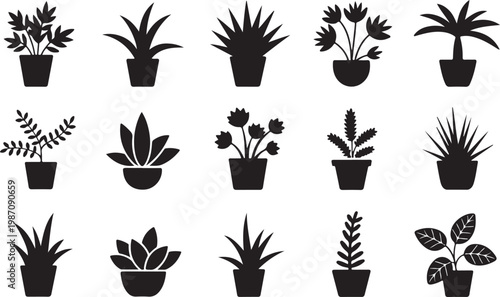 Collection of black houseplant silhouettes in ceramic pots for interior decor and botanical design projects