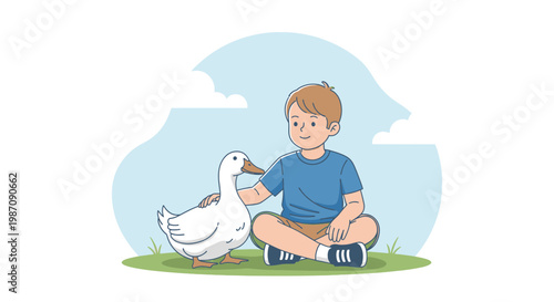 Boy sitting with white goose pet.