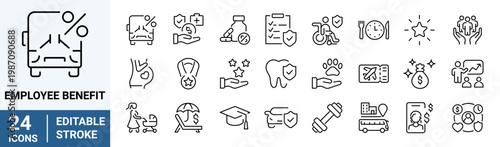 Set of 24 outline icons related to Employee benefit. Linear icon collection. Editable stroke. Vector illustration