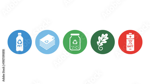 Recycling and waste sorting icons set for plastic bottle paper glass compost and hazardous battery garbage management environmental concept