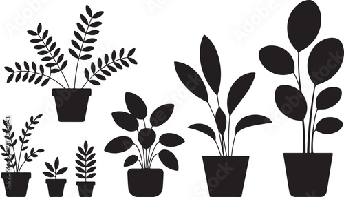 Collection of various houseplant silhouettes in simple pots showing different tropical leaf shapes and greenery styles