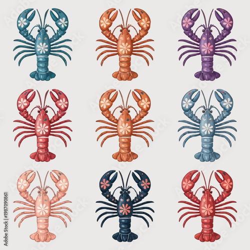 Vintage Floral Lobster Pattern: Colorful Crustacean Art Illustration Grid