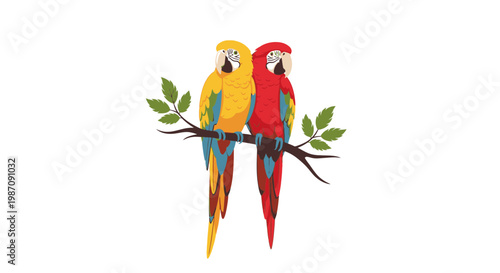 Colorful Parrots Perched on Branch.