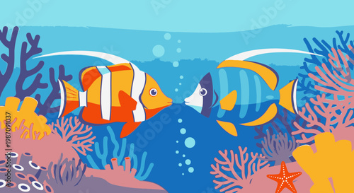 Colorful clownfish and blue fish swimming.