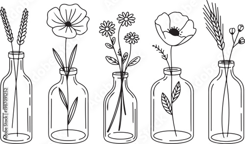 Five delicate flower arrangements inside clear glass bottles displayed in a simple minimal line art style