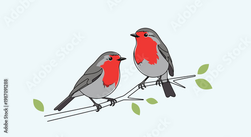 Two Red Breasted Birds Perched Together.