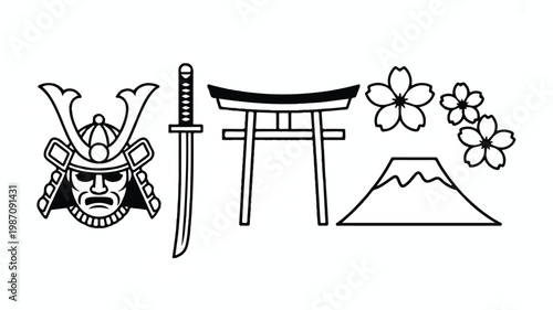 Japanese culture symbols and landmarks in a simple line style illustration