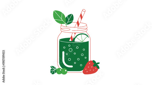 Illustration of green drink in a mason jar with straw and fruits