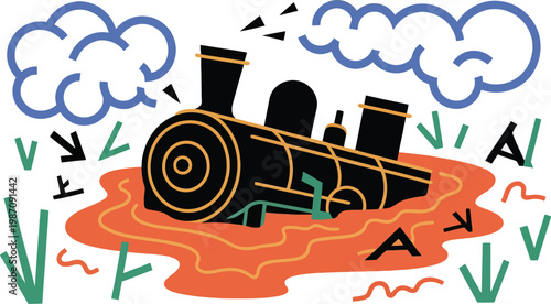 A cartoon train engine stuck in the mud with clouds and arrows around it on a white background