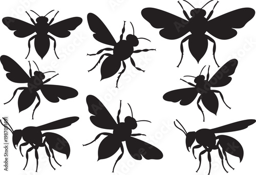 Multiple black silhouettes of flying honey bees in different poses isolated for various art design projects