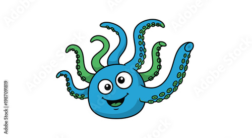 Smiling Cartoon Blue Octopus Face Closeup.