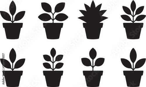 Set of eight isolated black silhouette houseplants arranged in various ceramic pots for modern home decor