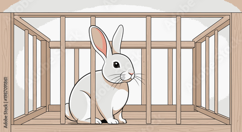 White rabbit behind wooden bars cage.