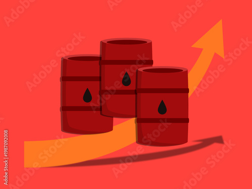 Rising global oil prices concept. Illustration of red oil barrels with an upward growing arrow, representing economic inflation and petroleum market growth.