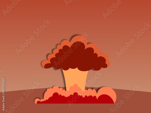 Paper cut style illustration of a massive nuclear mushroom cloud explosion in red and orange tones, symbolizing war, destruction, and atomic energy.