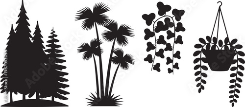 Set of various indoor and outdoor plant silhouettes including coniferous trees and tropical palm leaf foliage