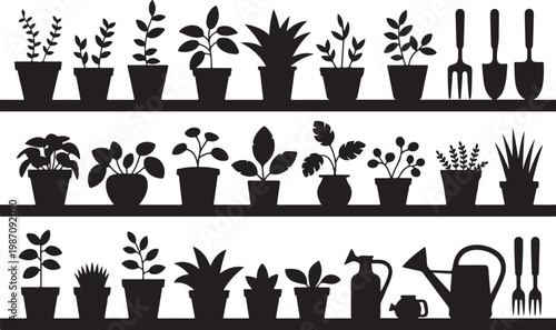 Set of various potted house plants silhouettes for garden design and indoor home interior decoration projects