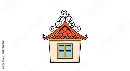 Illustration of a whimsical tiny house with a tan body, a blue window, and a red tiled roof decorated with black curly ironwork on top.