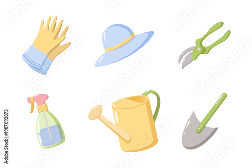 Set of six gardening items including gloves, sun hat, pruning shears, spray bottle, watering can, and hand trowel. Clean colorful illustration, simple modern style, neatly arranged composition, suitab