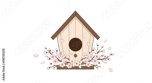 Charming wooden birdhouse illustration decorated with blooming cherry blossom branches and falling pink petals on a white background.