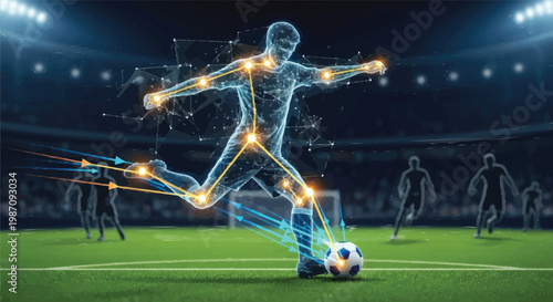 Sports science Digital tracking and biomechanical analysis of a soccer player's powerful kick, visualizing advanced athletic performance