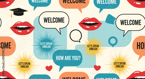 Educational pattern for learning english with speech bubbles graduation caps lips and common phrases on a neutral cream background.