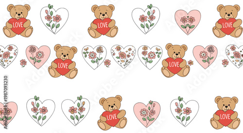 Adorable nursery pattern with teddy bears holding red hearts and floral heart designs on a clean white background for kids fabrics.