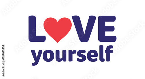 Simple and meaningful text art with LOVE yourself message in dark blue typography featuring a red heart on a white background.