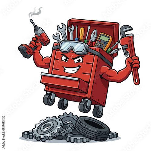 A robust toolbox character, equipped with various tools, exudes confidence and strength, symbolizing creativity and skill in mechanics, set against a backdrop of gears and tires.