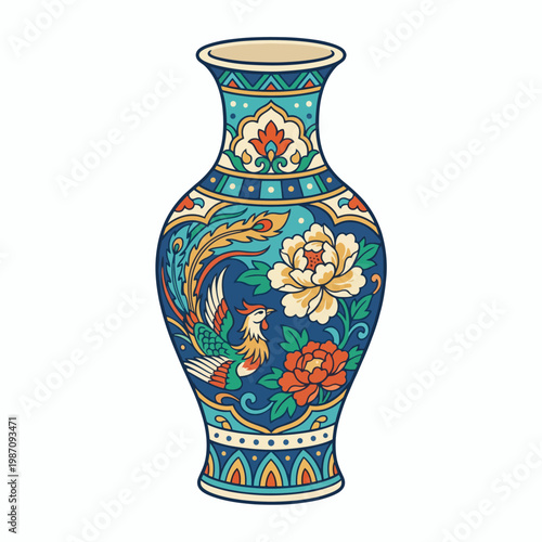 An elegant ceramic vase adorned with intricate floral and peacock designs, showcasing a rich color palette that highlights traditional craftsmanship.