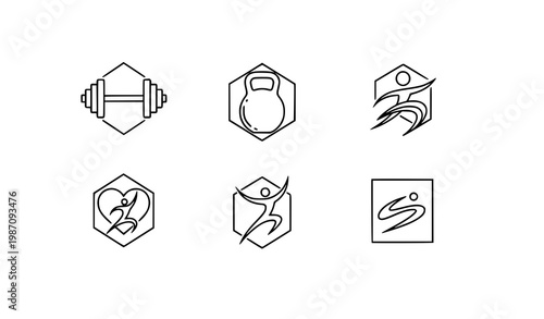 Minimal fitness club logos outline set gym training badge line art vector design