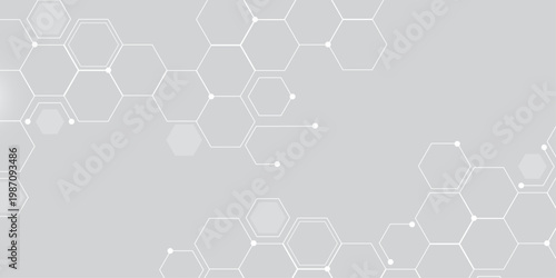Molecular structure abstract tech background. Geometric grey background. Vector banner design with hexagons. Science network pattern, connecting lines and dots Medical background, Vector illustration 
