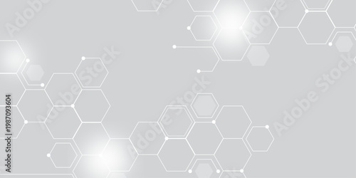 Molecular structure abstract tech background. Geometric grey background. Vector banner design with hexagons. Science network pattern, connecting lines and dots Medical background, Vector illustration 