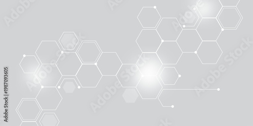 Molecular structure abstract tech background. Geometric grey background. Vector banner design with hexagons. Science network pattern, connecting lines and dots Medical background, Vector illustration 