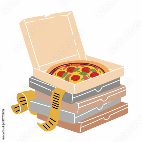 A fun illustration of stacked pizza boxes revealing a delicious pepperoni pizza inside, highlighting the joy of sharing meals and the casual comfort of pizza dining experiences.