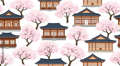 Beautiful traditional korean architecture pattern featuring classic hanok buildings surrounded by pink cherry blossom trees.
