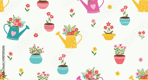 Soft and charming gardening pattern with colorful watering cans potted flowers and little sprouts on a pale white background.