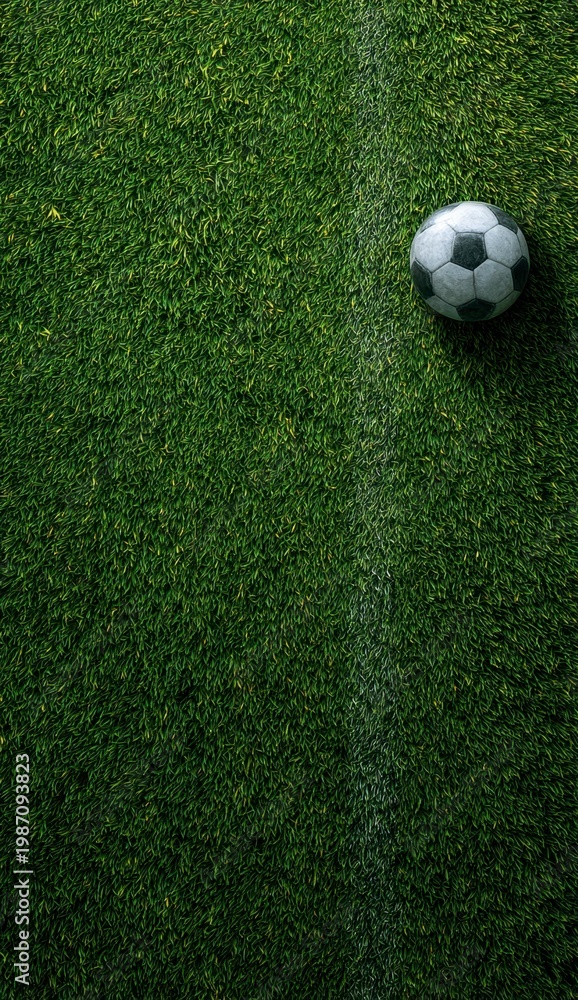 Obraz premium A classic black and white soccer ball rests on vibrant green grass, symbolizing the upcoming World Cup 2026 tournament in Mexico, USA, and Canada.