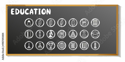 Black chalkboard displays hand drawn icons representing various educational subjects