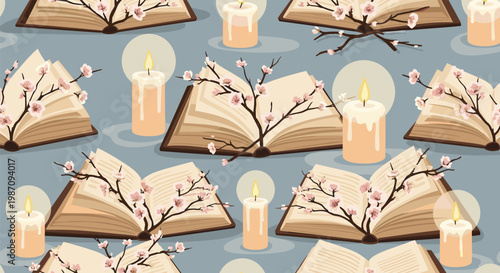 Aesthetic pattern featuring open books lit candles and cherry blossom branches in a soft calming color palette for literature lovers.