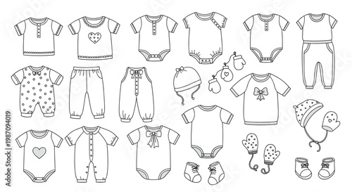 Charming collection of baby clothes and accessories including onesies hats mittens and booties in detailed line art illustrations.