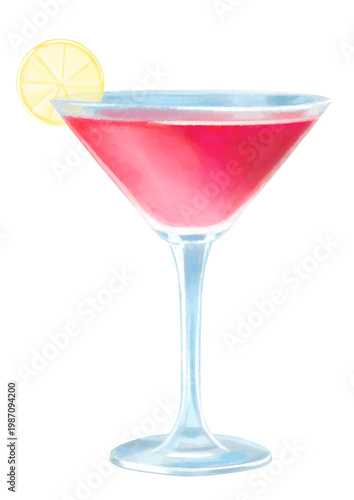 cocktail with lemon, red cocktail in martini glass hand drawn watercolor illustration png cut out