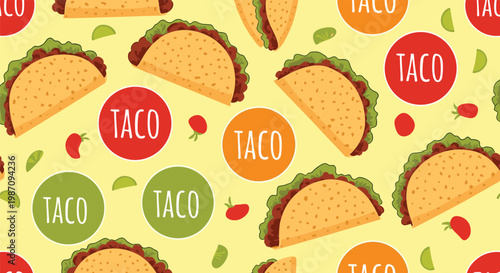 Seamless food pattern featuring delicious illustrated tacos and colorful circles with the word taco on a yellow background.